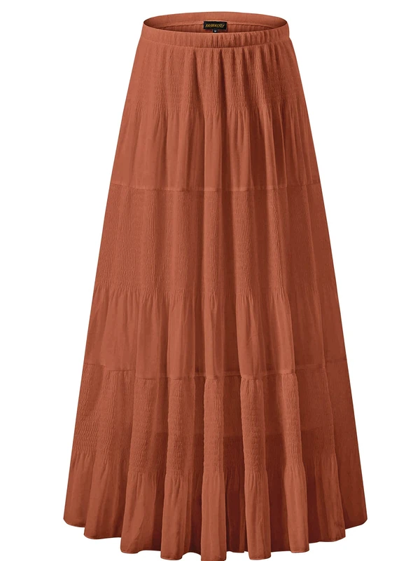 NASHALYLY Women's Chiffon Elastic High Waist Pleated A-Line Flared Maxi Skirts, Coffee2, Small