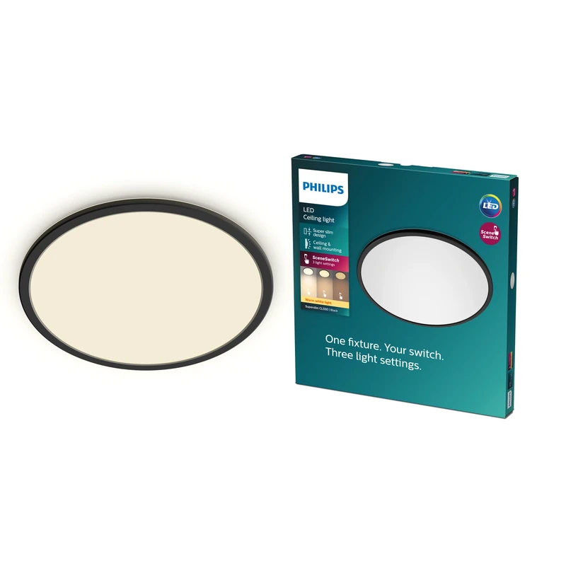 PHILIPS LED Superslim SceneSwitch Dimmable Ceiling Light 2700K 18W [Warm White - Black] for Indoor Home Lighting in Livingroom and Bedroom
