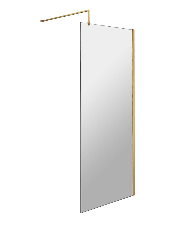 nuie WRSCBB076 Modern Bathroom 8mm Toughened Safety Glass Wetroom Screen with Support Bar, 760mm, Brushed Brass