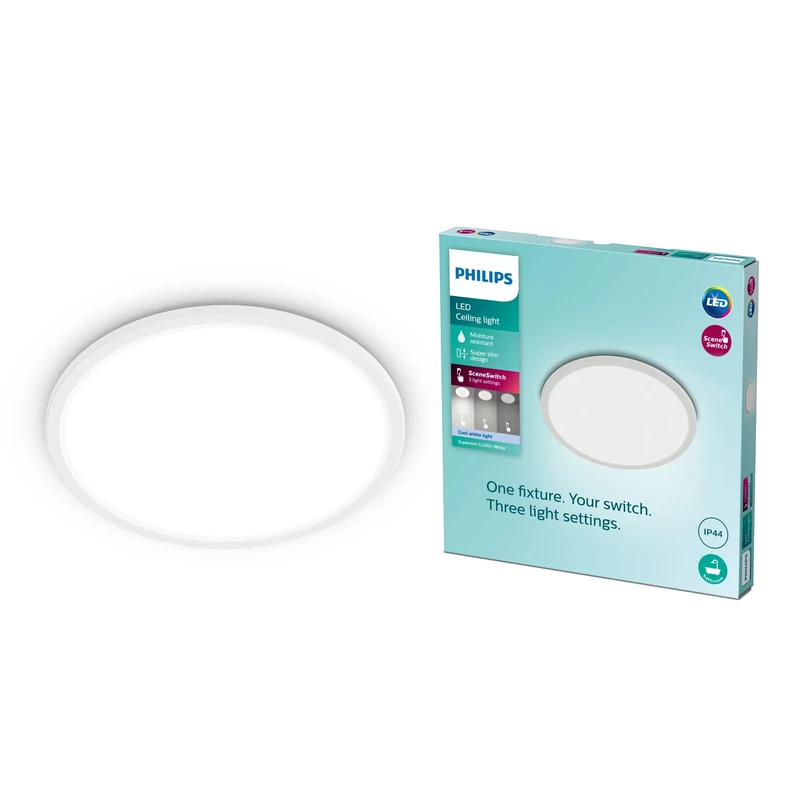 Philips LED SuperSlim SceneSwitch Dimmable Ceiling Light 4000K 18W IP44 [Cool White - White] For Indoor Home Lighting in Livingroom, Bedroom, Bathroom and Kitchen, 15 Watt