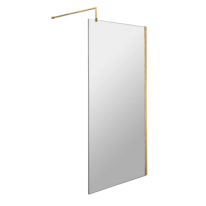 nuie WRSCBB080 Modern Bathroom 8mm Toughened Safety Glass Wetroom Screen with Support Bar, 800mm, Brushed Brass