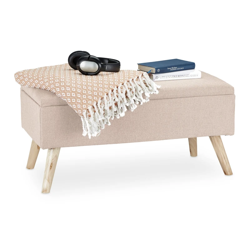 Relaxdays Hallway Storage Bench, Padded, Wooden Legs, Fabric Cover, HxWxD: 39.5 x 79.5 x 39.5 cm, Beige, Fibreboard