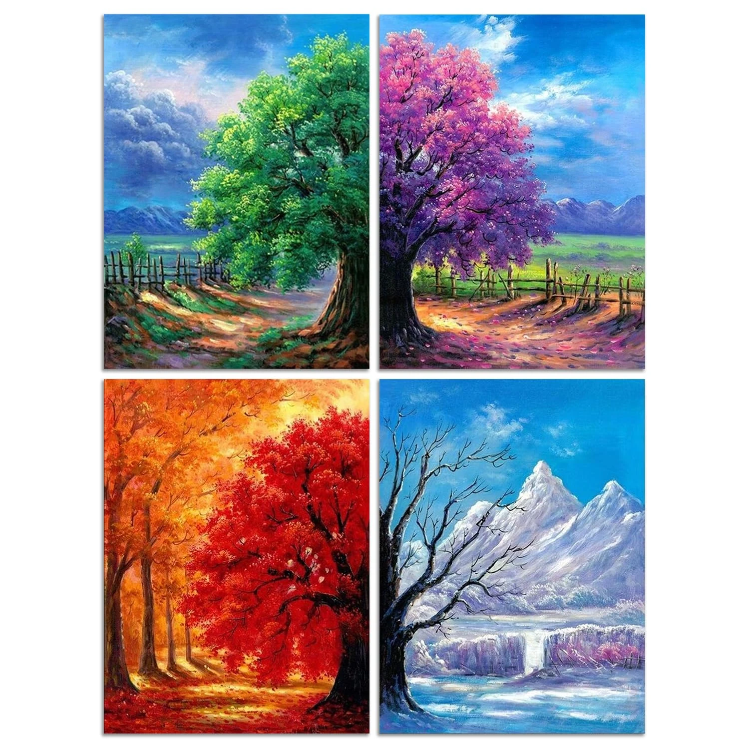 Muzagroo Art 4 Pack 5D Diamond Painting Kits for Adults DIY Diamond Art Kits 4 Seasons Trees Wall Art for Living Room Adults Crafts Diamond Dot Gem Art Kits for Beginners