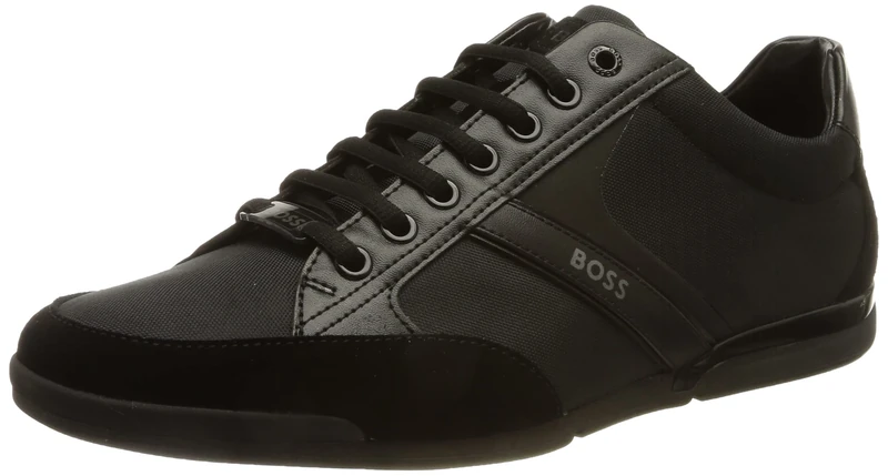 BOSS Mens Saturn Lowp Mixed-Material Trainers with Suede and Faux Leather Size 7 Black