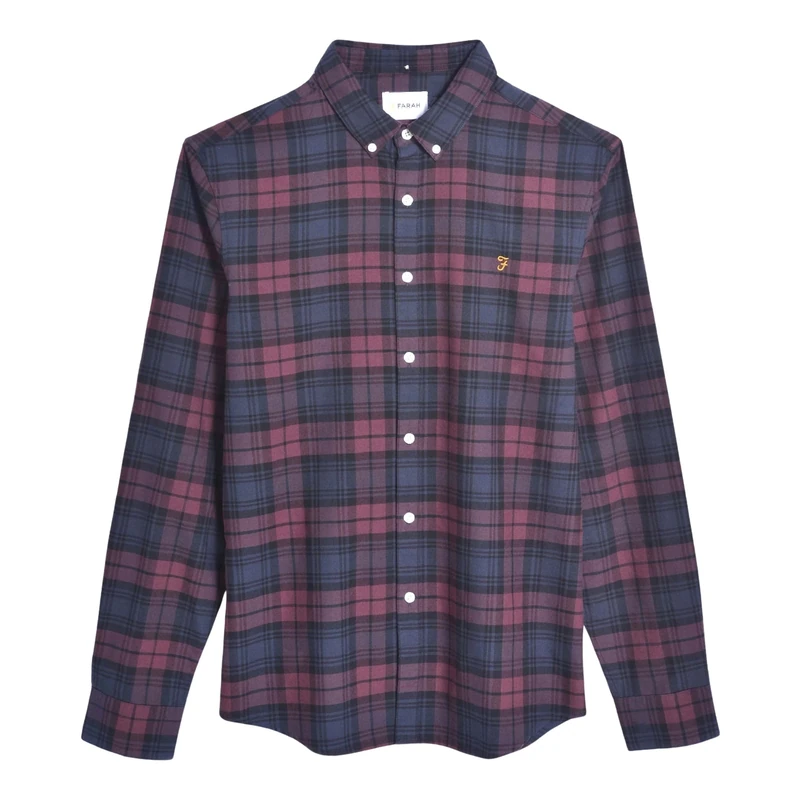 Farah - Men's Shirt, Brewer Check Slim Fit Shirt, Organic Cotton, Indigo Oxford Shirt, Casual-Style Shirt, Red, 3XL