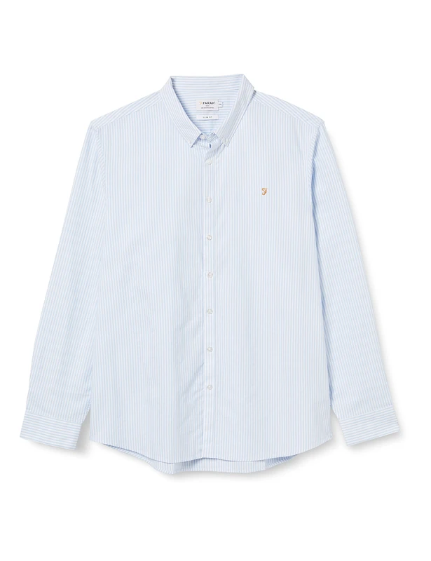 Farah - Men's Shirt, Brewer Stripe Slim Fit Shirt, Organic Cotton, Indigo Oxford Shirt, Casual-Style Shirt, Sky Blue, 3XL