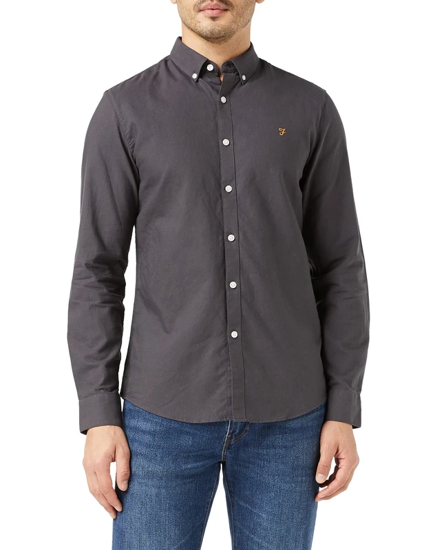 Farah - Men's Shirt, Brewer Slim Fit, Organic Cotton, Indigo Oxford Shirt, Casual-Style Shirt, Farah Grey, XS