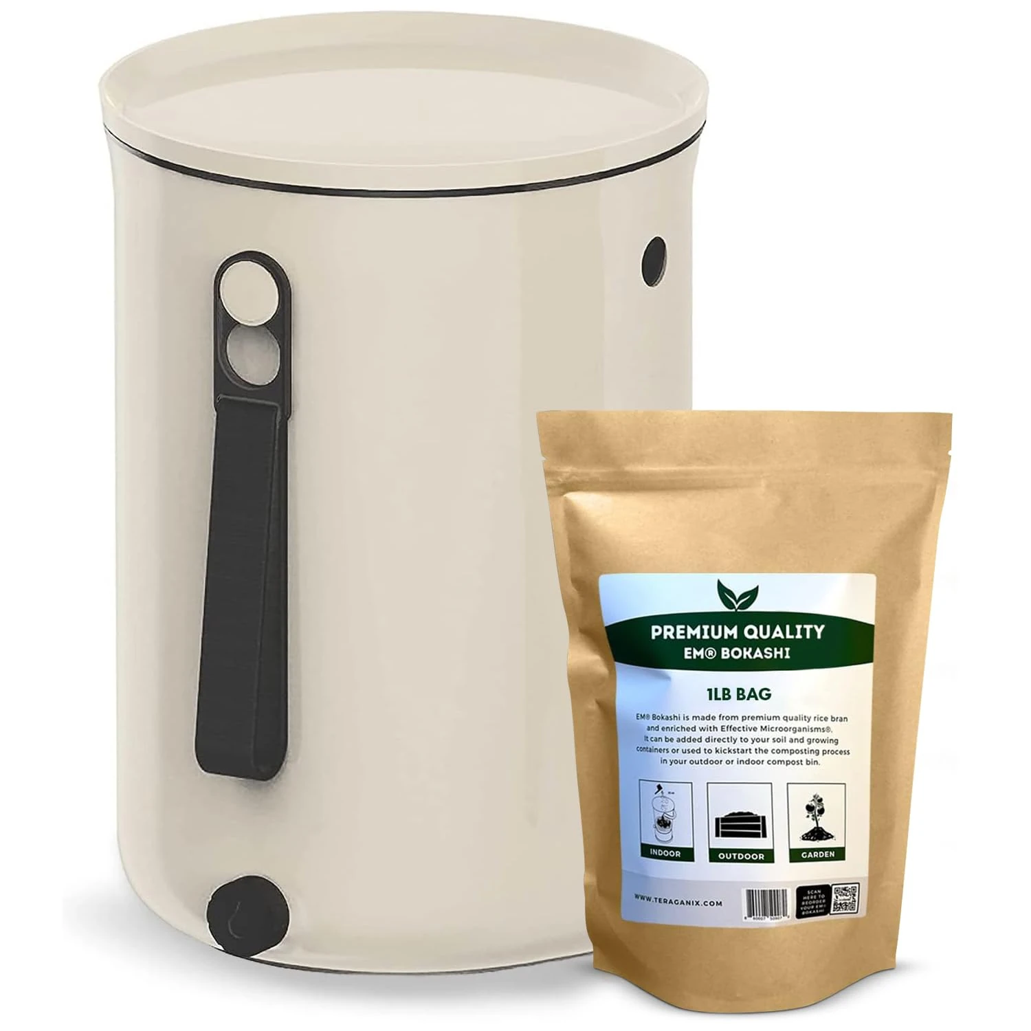 TeraGanix Organko Odor Free Compost Bin, Indoor Compost Starter Kit w/ 2 Lbs Bokashi Bran, Countertop Kitchen Compost Bin, Airtight Seal, Spigot, Dishwasher Safe (Cream)