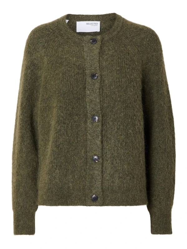 SELECTED FEMME BLACK Women's SLFLULU LS Knit Short Cardigan B NOOS Cardigan Sweater, Kalamata/Detail:Melange, S