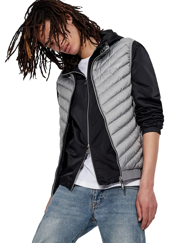 Armani Exchange Men's 100% Down, Front, Elastic Waistband with Logo Vest, Melange Grey/Navy, Medium