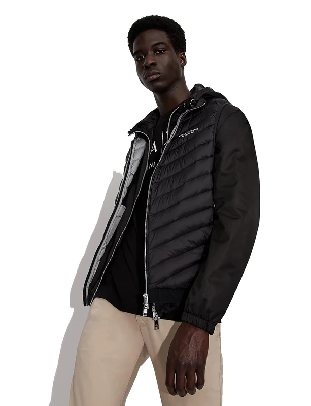 Armani Exchange Men's 100% Down, Front, Elastic Waistband with Logo Vest, Black/Melange Grey, Medium