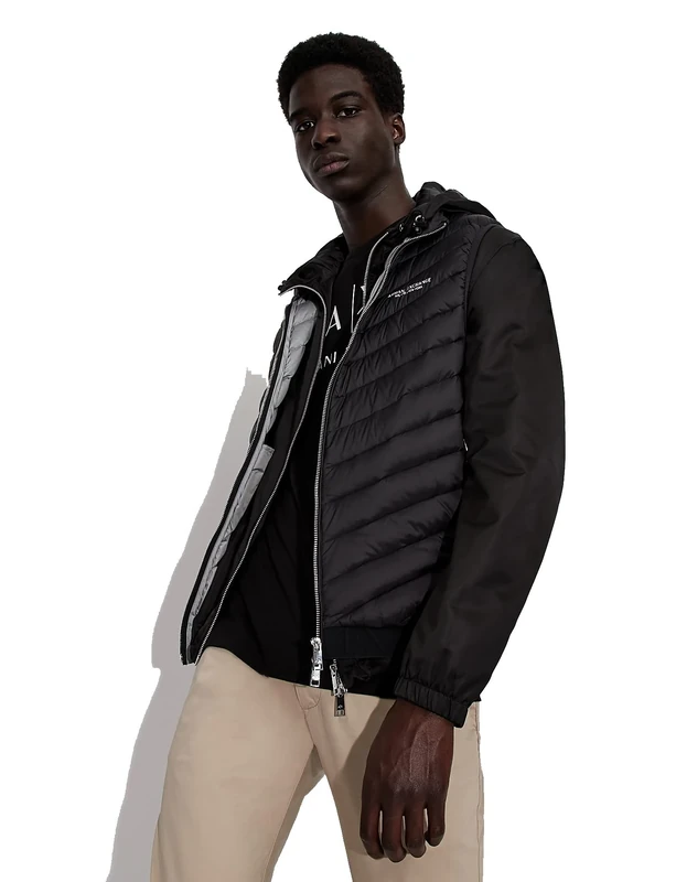 Armani Exchange Man 100% Down, Front, Elastic Waistband with Logo Vest, Black/Melange Grey, XXL