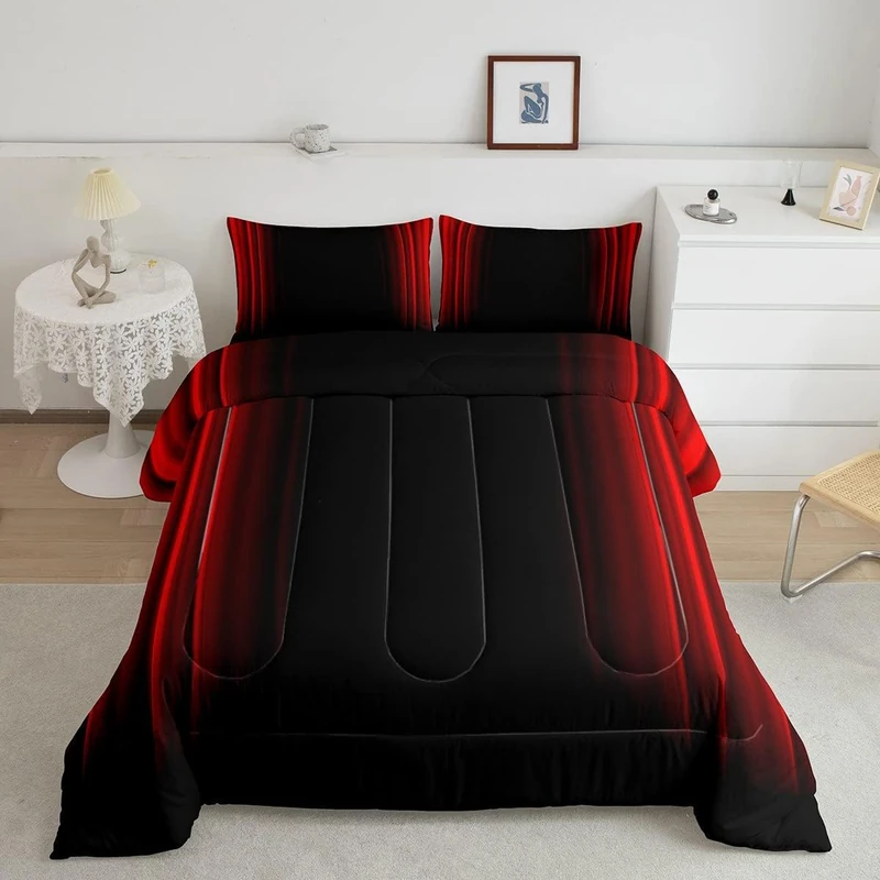 Feelyou Abstract Ombre Comforter Set Kids Teens Red and Black Bedding Set Room Decor 3Pcs Queen Size