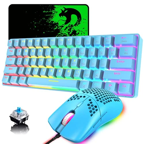 LexonElec Bluetooth/Wired USB C Mechanical Backlight Keyboard 61 Keys Blue Switch Rechargeable 1000 mAh Battery + Wired Honeycomb Shell RGB Backlit 12000 DPI Gaming Mouse + Mouse Pad (Blue)