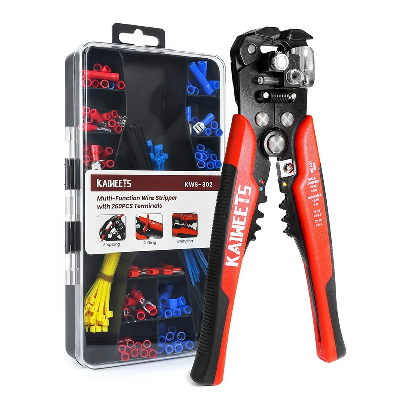 KAIWEETS Wire Stripper Crimper Set, 3-in-1 Stripper Cutter Crimper AWG10-24 Compound Automatic Wire Stripper with 261PCS Terminals, for Cutting Stripping Crimping