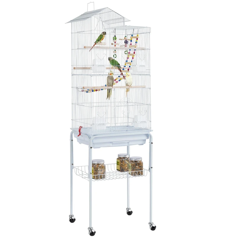 Yaheetech Large Roof Top Budgie Cage Bird Cage with Stand Rolling Metal Parrot Cage for Cockatiels/Parakeets White