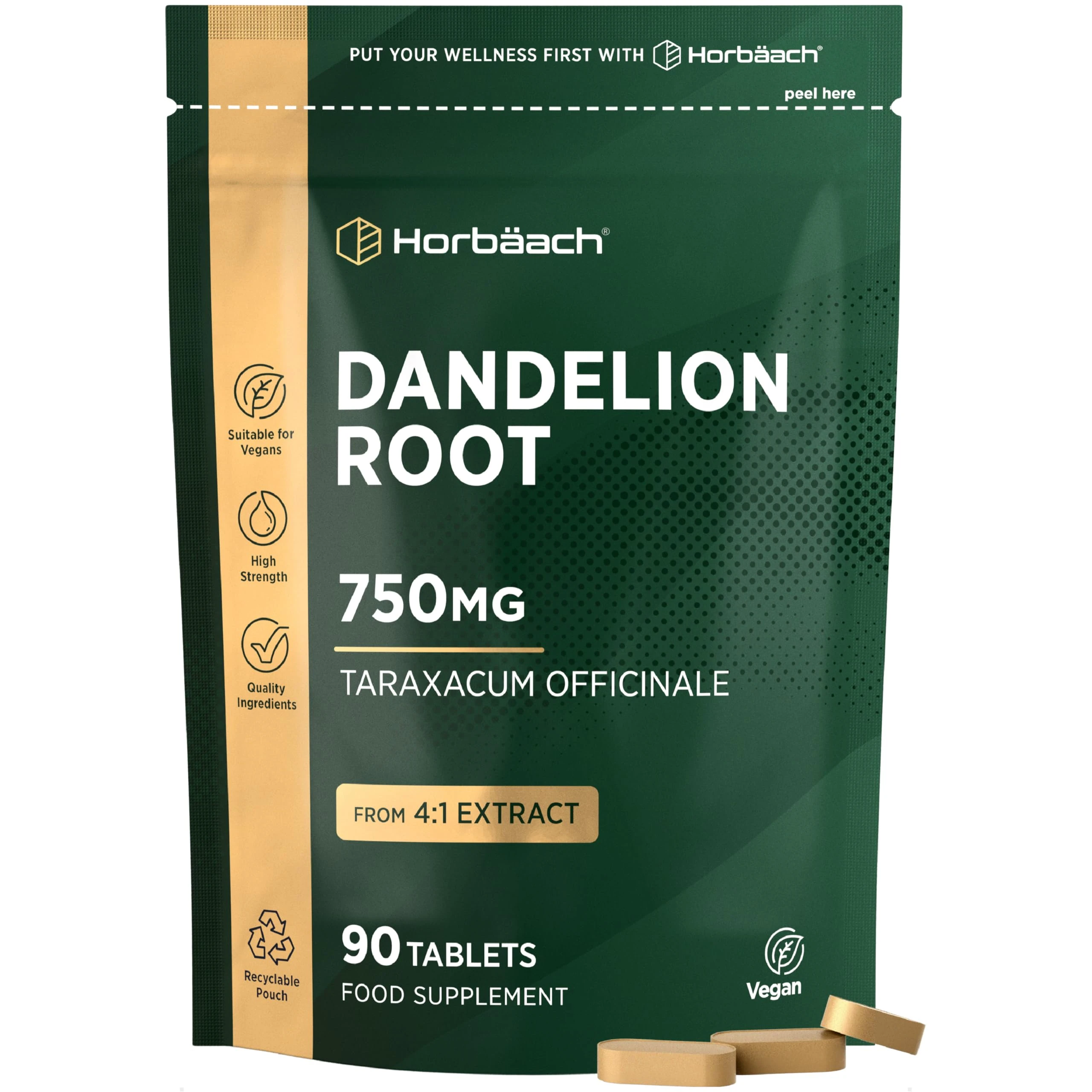 Dandelion Root Tablets 750mg | 3 Month Supply | High Strength Taraxacum Officinale 4:1 Extract | 90 Vegan Capsules | by Horbaach