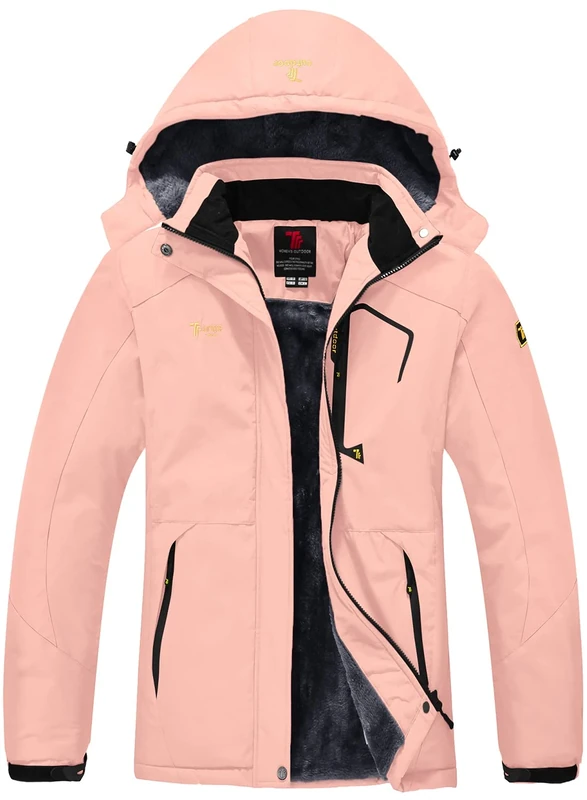 donhobo Womens Waterproof Jacket Winter Warm Fleece with Hood Windproof Camping Hiking Coat(Pink,L)