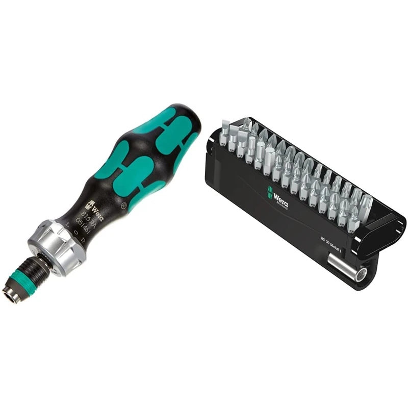 Wera 05051461001 1/4 x 142 816 RA Ratchet Screwdriver - Silver & Bit-Check 30 Metal 1 General bit Set for Drill/Drivers, Metal Jointing, PZ,PH,Hex-Plus,TX 30 Piece, 05057434001
