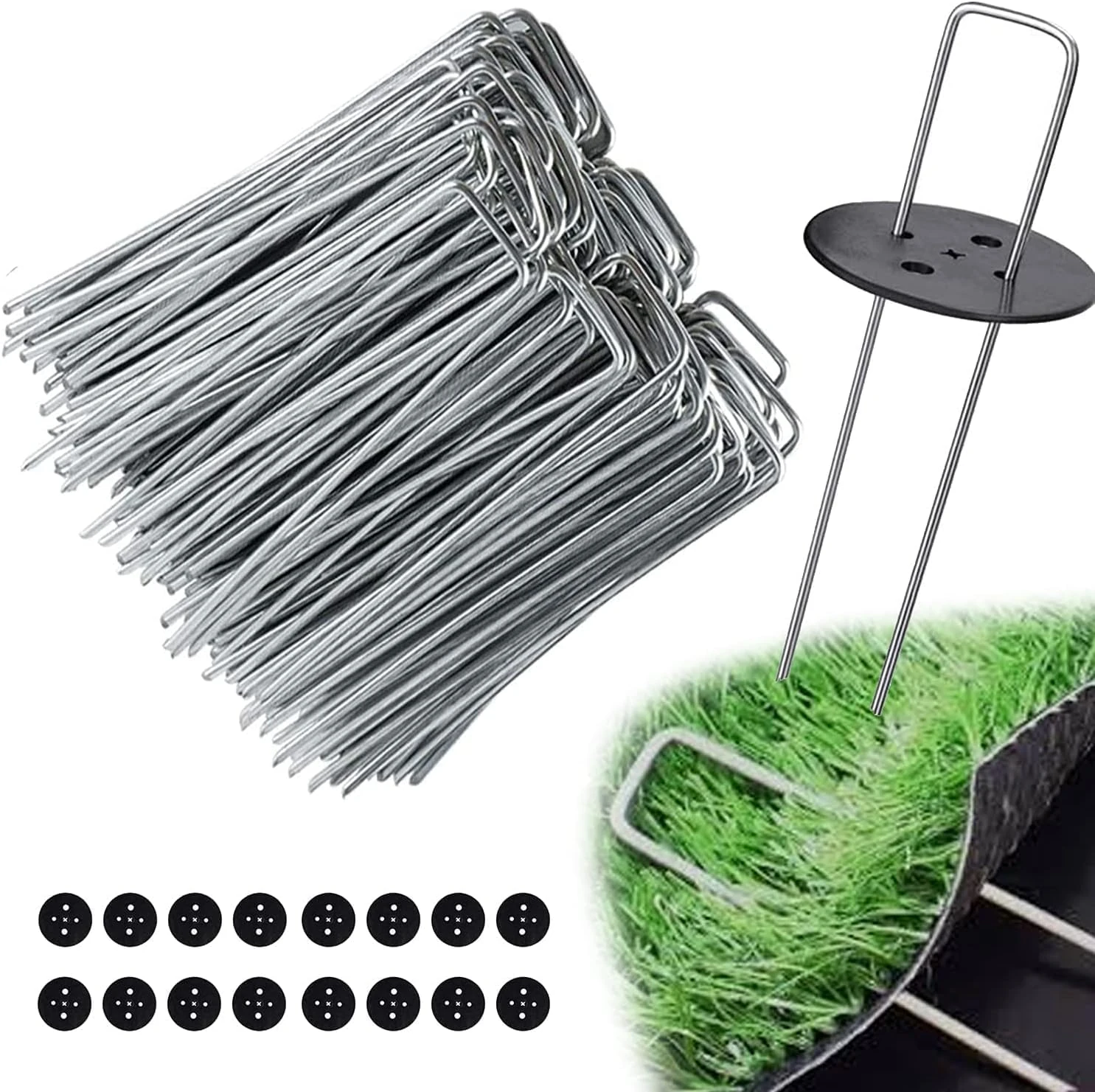 Ediesi, Weed Membrane Pegs, 100 Pcs + 16 Buffer Washer, Garden, Artificial Grass, Ground, Pins, Tent, Heavy Metal, Staples (100 pieces)