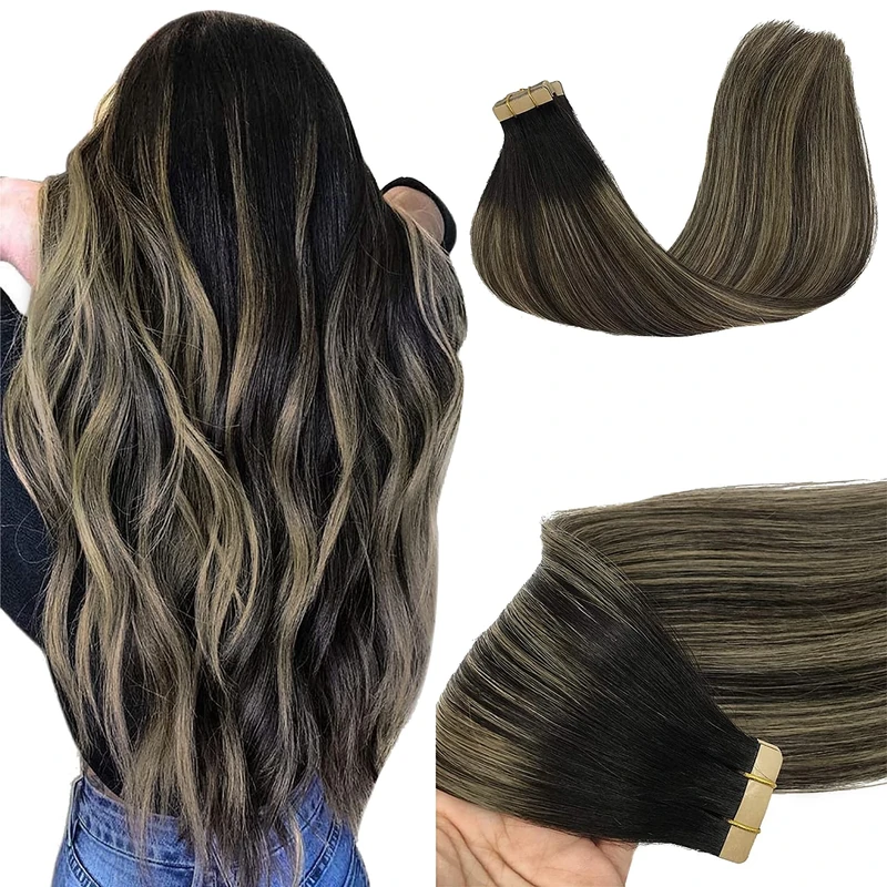 GOO GOO Tape in Hair Extensions human hair, tape Hair Extensions, 20inch 50g 20pcs, Human Hair Extensions, 1B/16/1B Black to Light Blonde