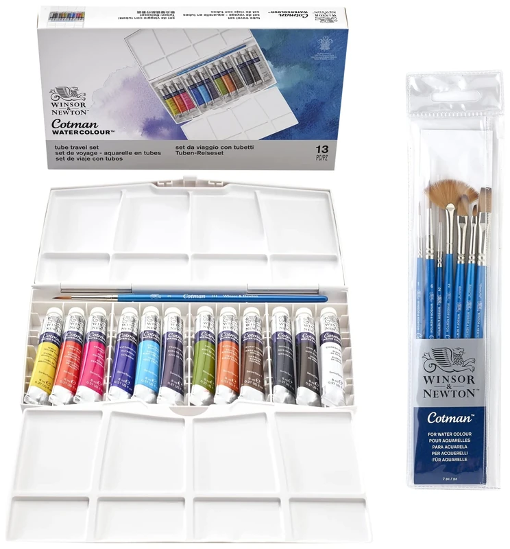 Winsor & Newton Cotman Water Colour, 12 Farben, Painting Plus Set - Tuben & Cotman Brush Short Handle Set, Pack of 7