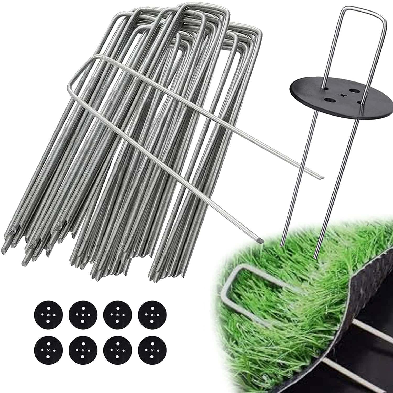 Ediesi, Weed Membrane Pegs, 50 Pcs + 8 Buffer Washer, Garden, Artificial Grass, Ground, Pins, Tent, Heavy Metal, Staples (50 pieces)