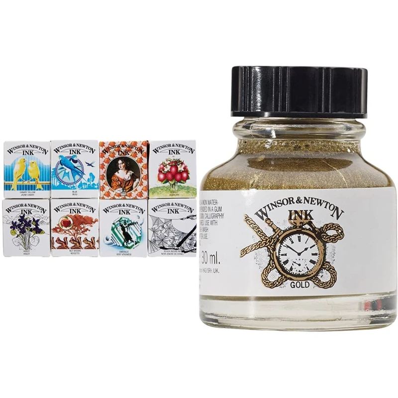 Winsor & Newton, Drawing Inks, Henry Collection Ink Pack, 8x14ml Bottles and 1010283 Drawing Ink Bottle, 30 ml - Gold