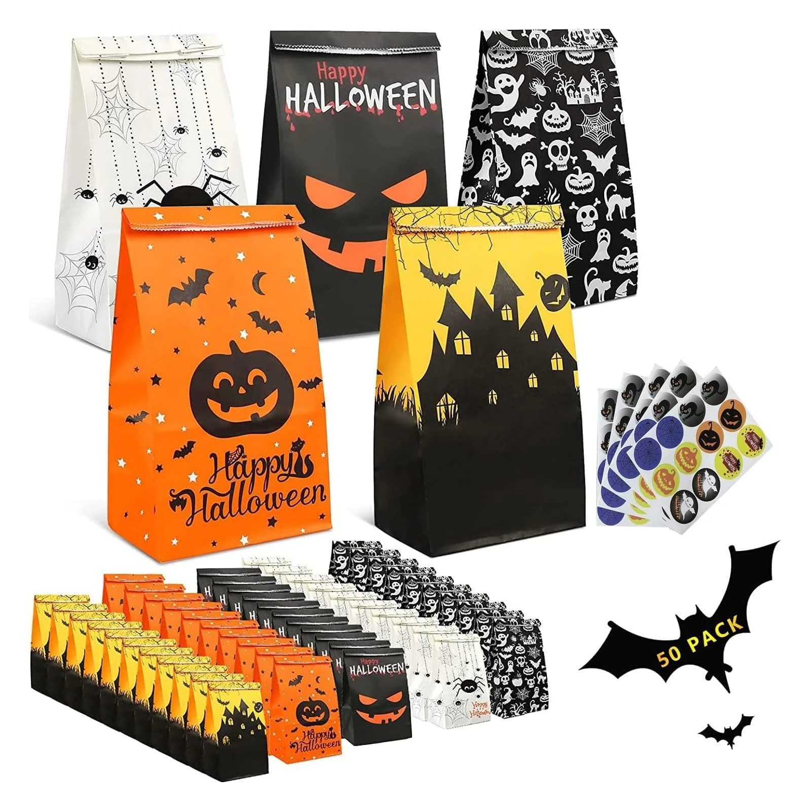 Halloween Paper Gift Bags for Kids, TOOELMON 50 PCS Sweet Treat Candy Bags for Halloween Party Favor with 60 PCS Stickers,Perfect for Store Tokens, Cakes, Biscuits, Goodies, Toys (Halloween)