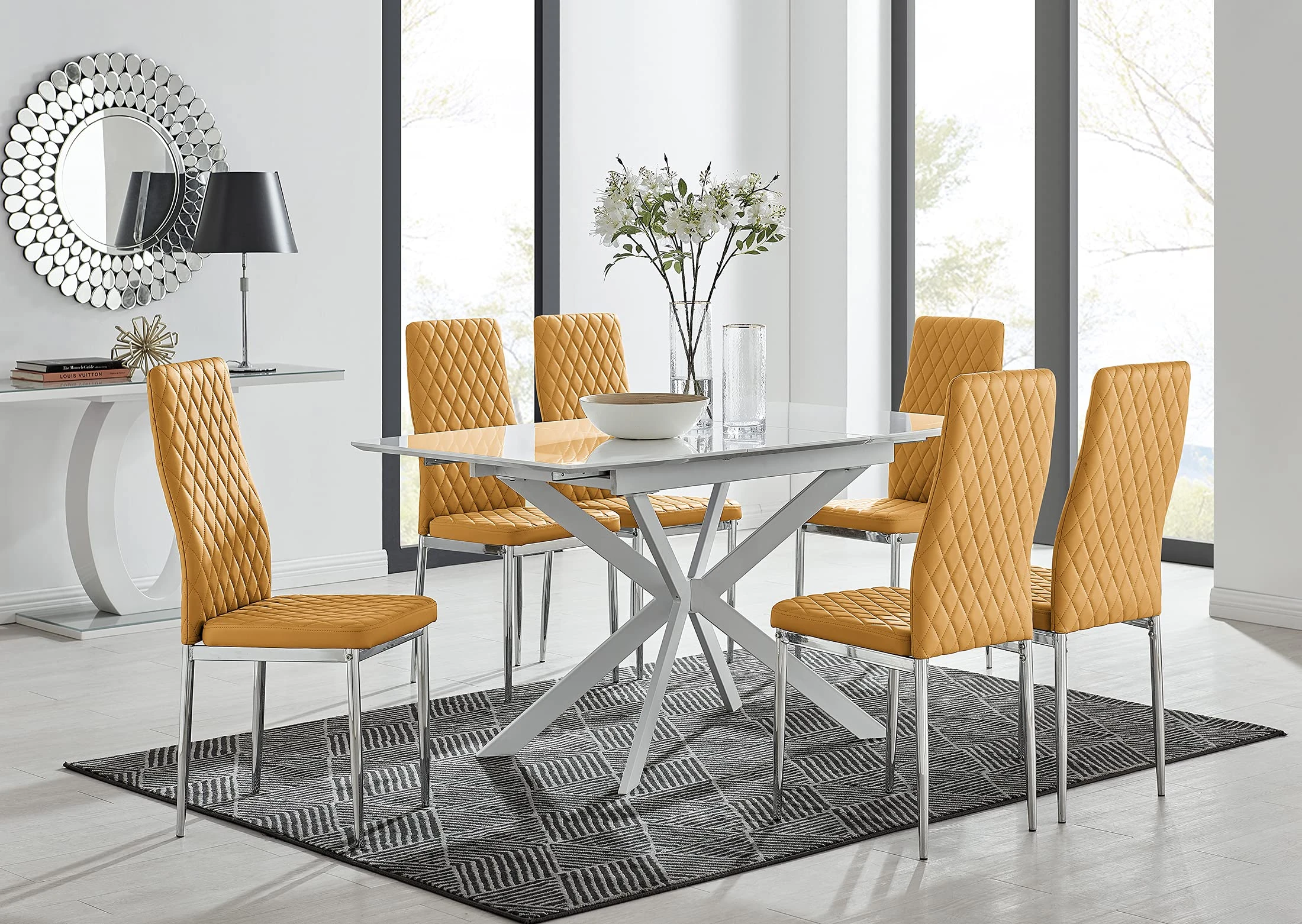 Furniturebox UK Lira White High Gloss 120-160cm Extendable Space Saving 4/6 Seater Kitchen Dining Table with Metal Legs & 6 Mustard Yellow Faux Leather Silver Chrome Leg Milan Dining Chairs