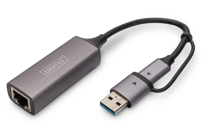 DIGITUS USB network adapter - 2.5 Gbit/s - RJ45 to USB-C 3.1 - incl. Type-A adapter - Full-Duplex - Auto MDI-X - Grey