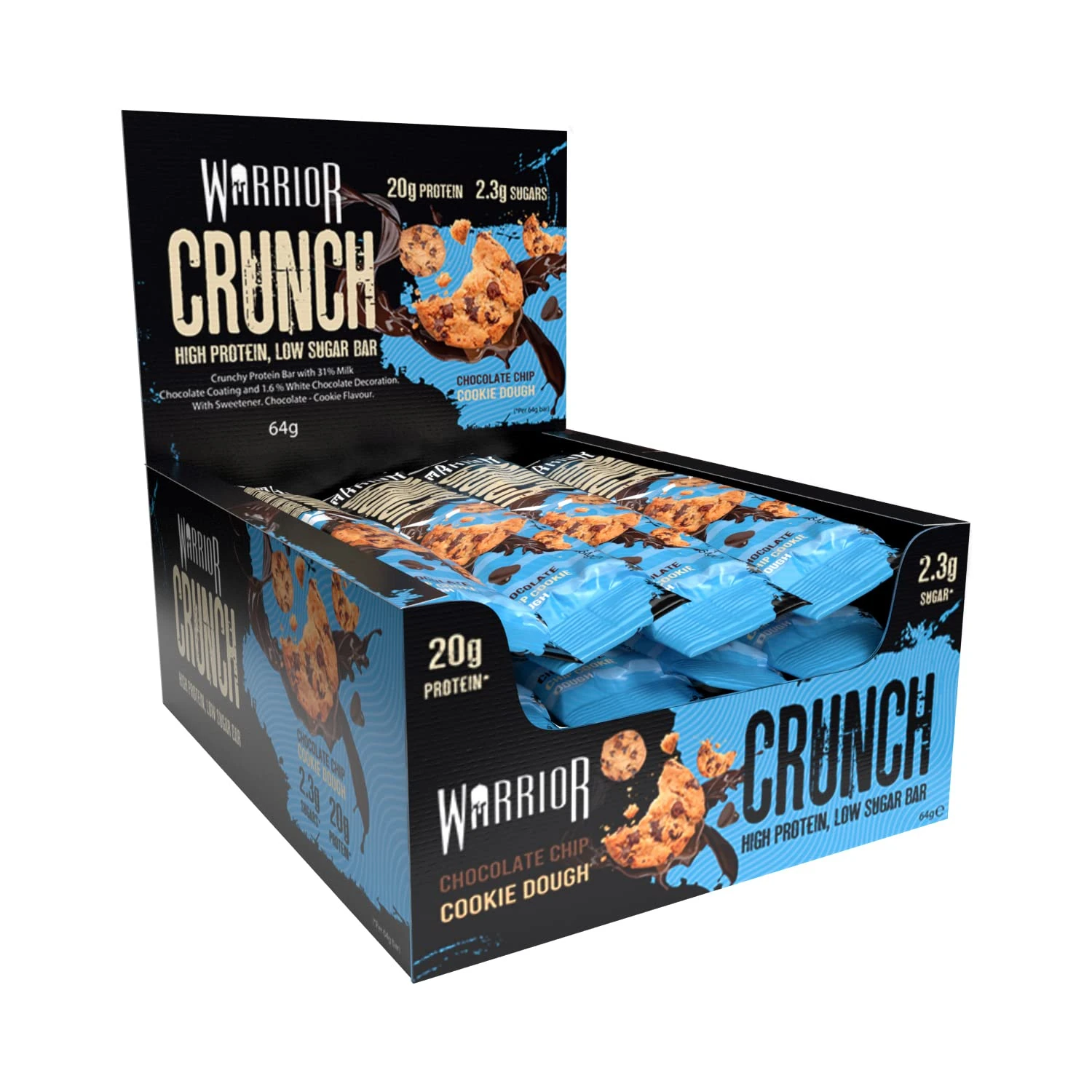 Warrior Crunch - High Protein Bars - 20g Protein Each Bar - Low Carb, Low Sugar Snack - 12 Pack x 64g (Chocolate Chip Cookie Dough)