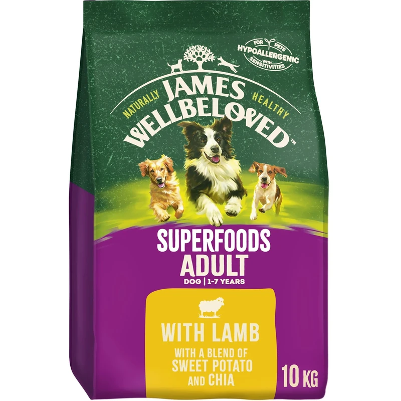 James Wellbeloved Adult Superfoods 10 kg Bag, Hypoallergenic Dry Dog Food, Lamb with Sweet Potato & Chia