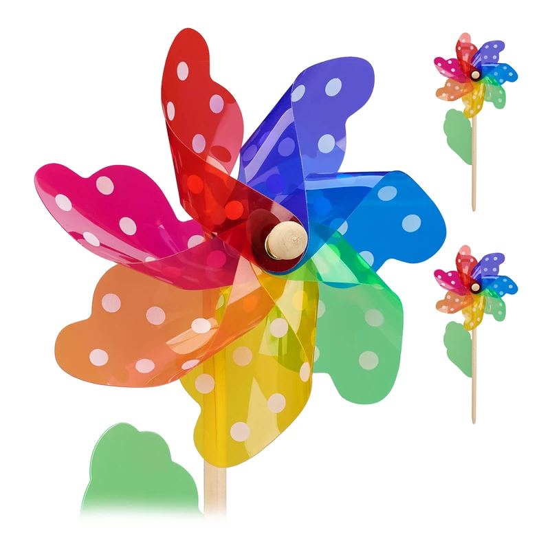 Relaxdays windmills, set of 2, decorative pinwheels with dots, colourful wind spinners, wood/PP, multicoloured