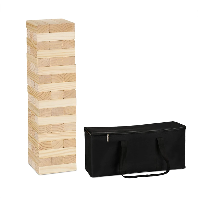 Relaxdays XL tumbling tower, outdoor games, includes bag, 54 wooden blocks, giant, for kids & adults, wood colour