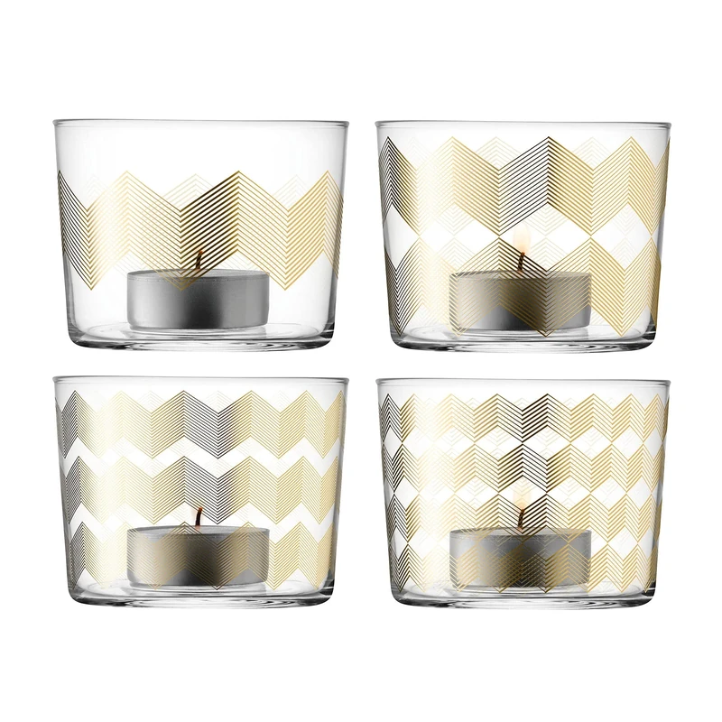 LSA International Chevron Tealight Holder H6cm Gold Assorted | Set of 4 | Mouthblown & Handmade Glass | CH15