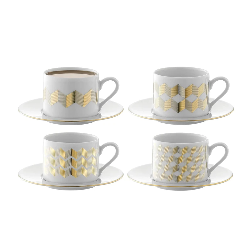 LSA International Chevron Teacup & Saucer 0.25L Gold Assorted | Set of 4 | Mouthblown & Handmade Glass | CH12
