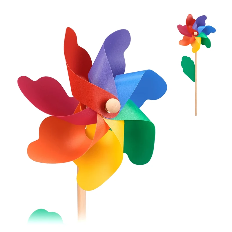 Relaxdays windmills, pack of 2, decorative pinwheels for kids & adults, rainbow wind spinners, wood/PP, multicoloured