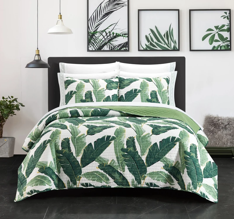 Chic Home 9 Piece Quilt Stitched Palm Tree Print Bed in A Bag-Sheet Set Decorative Pillow Shams Included, Polyester, Green, Queen