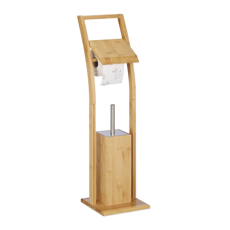 Relaxdays Toilet Roll Holder, Free-Standing, Wooden, Bamboo, Brush Storage, Suite Set, HxWxD: 74x20x20 cm, Natural, 74 x 20 x 20 cm
