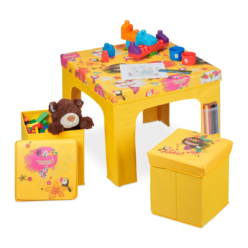 Relaxdays Kids’ Corner, Folding Children’s Furniture Ensemble with Table & Storage Ottomans, Yellow