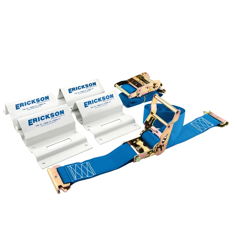 Erickson (2 2" x6.5' 3000 lb Ratchet Straps (2) Wheel Chock 1 Slot, White Powder Coat w/ 24 pc Bolt Set