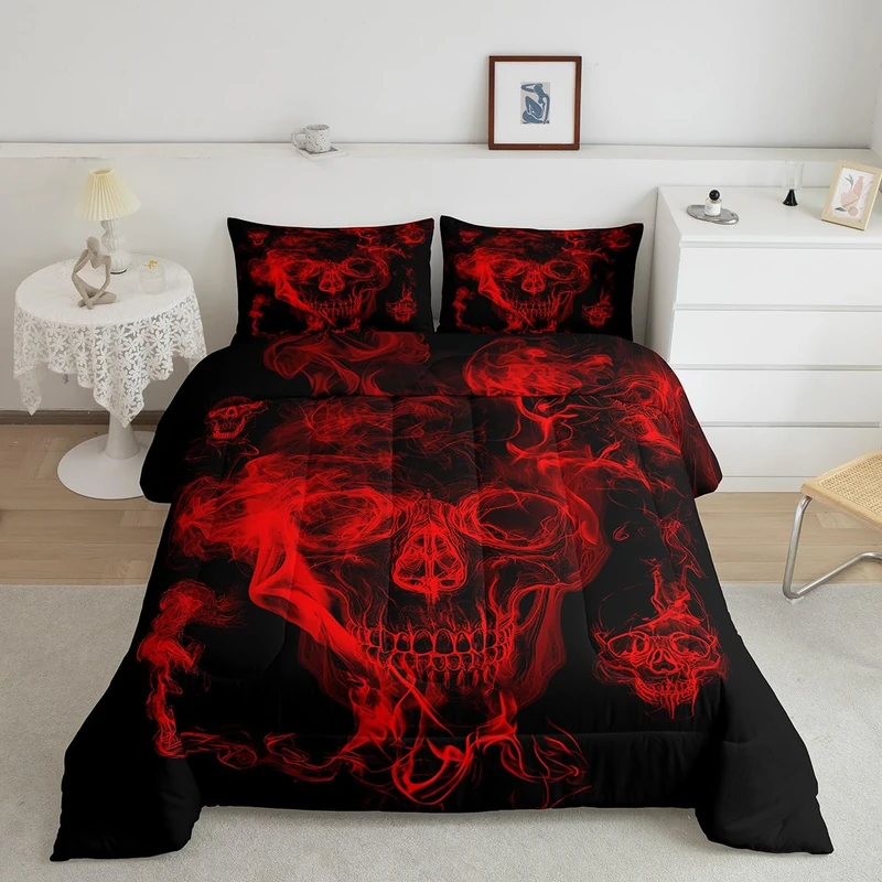 Feelyou Skull Comforter Twin Size for Boys Men Bedroom Decor 3D Skeleton Bones Print Bedding Set Adults Teens Personalized Gothic Style Skull Comforter Set Soft Black Red Comforter with 1 Pillow Case
