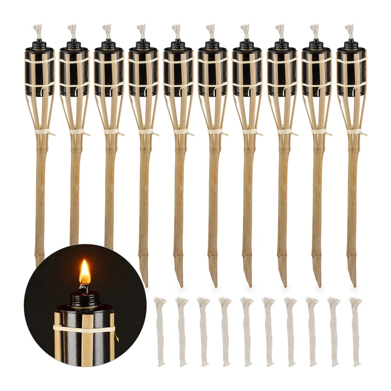Relaxdays garden torches, pack of 10, oil lanterns, outdoor use, with replacement wicks, 50 cm high, natural bamboo - Image 1