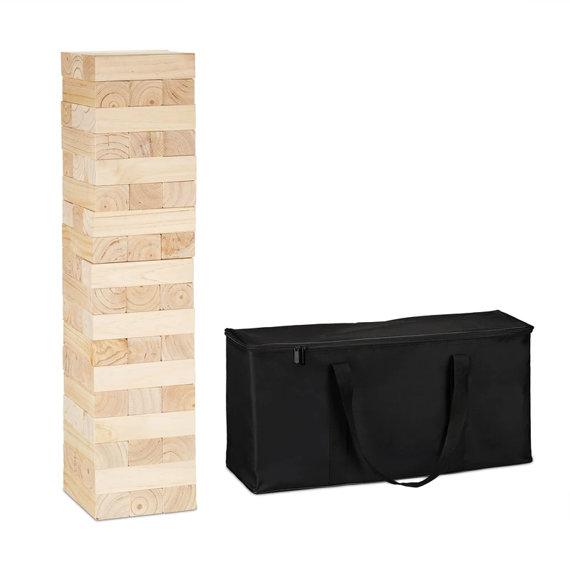 Relaxdays XXL tumbling tower, outdoor games, includes bag, 54 bog wooden blocks, for kids & adults, 90x21x21 cm, brown, Wood