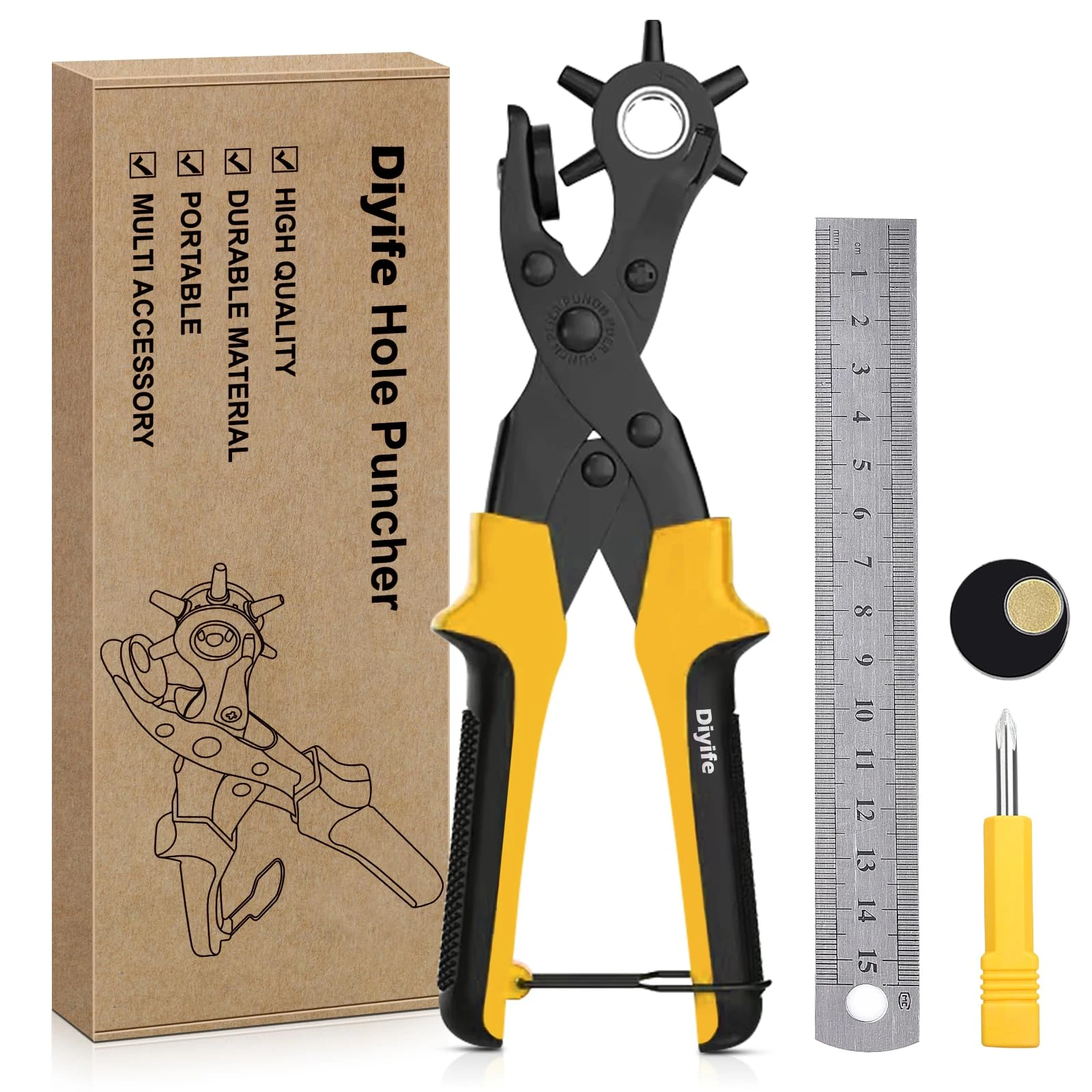 Belt Hole Puncher, [Perfect Full Set] Diyife Leather Punch with Ruler Extra Plate Screwdriver, Heavy Duty Revolving Punch Plier, Multi Sizes for Crafts, Card, Rubber, Paper(Yellow)