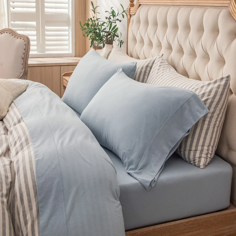 PURE ERA Jersey Knit 4pc Bed Sheet Set Bedding 100% T-Shirt Heather Cotton Super Soft Comfy Breathable Fits Mattress Up to 20'' Extra Deep Pocket (Solid Light Blue, King)