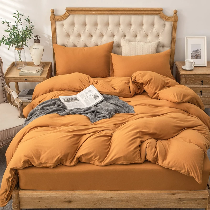 PURE ERA Jersey Knit Duvet Cover Set 100% T-Shirt Cotton Super Soft Comfy 3pc Bedding Set with Zipper Closure (Solid Burnt Orange, King)