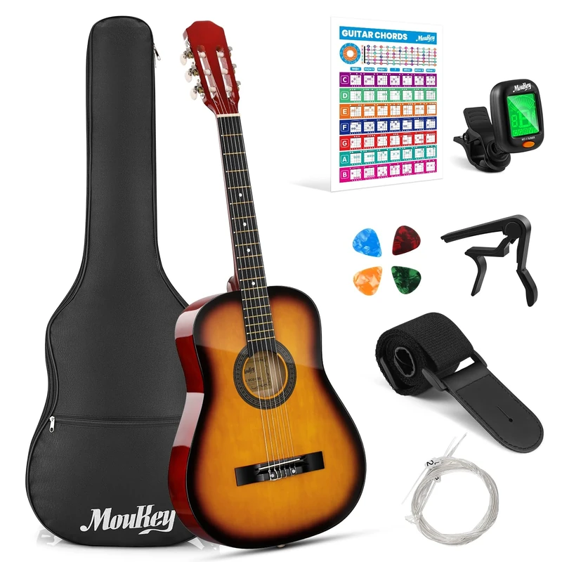 Moukey 38 Inch Acoustic Guitar for Beginner Kid Adult Teen Guitarra Acustica with Chord Poster, Gig Bag, Tuner, Picks, Nylon Strings, Capo, Strap - Sunburst