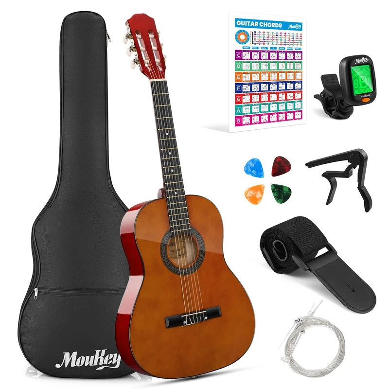Moukey Basswood 36 Inch mini Classical Practice Guitar,Natural Brown